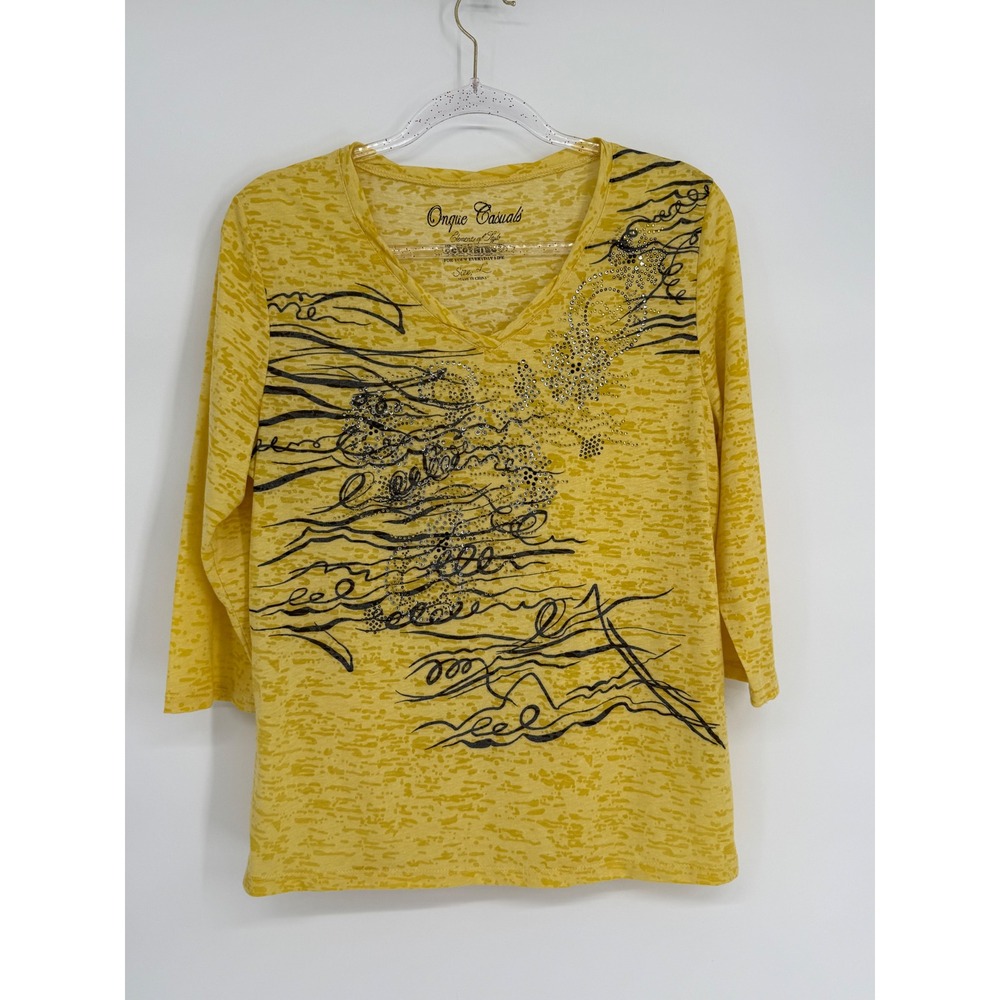 Onque Casuals Yellow Burnout V-Neck 3/4 Sleeve Rhinestone Graphic Top Sz L